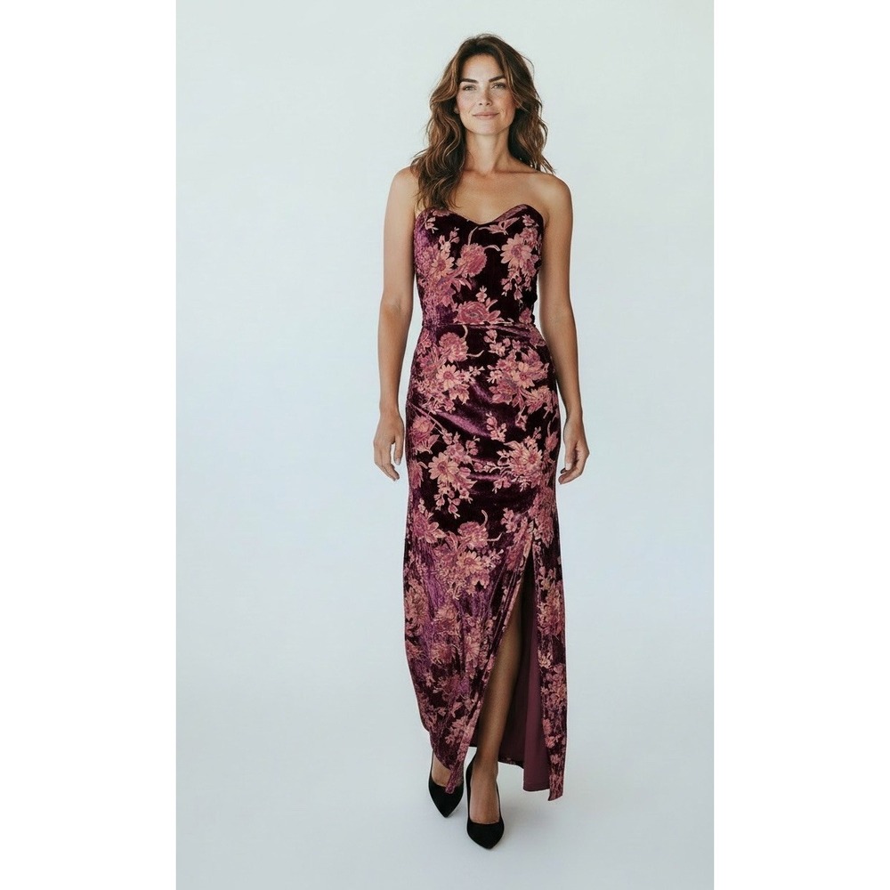 Lulus Exquisite Wine Red Floral Burnout Velvet Strapless Dress Side Slit Size M